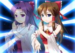  bare_shoulders blue_eyes brown_hair detached_sleeves hair_ribbon hair_tubes hakurei_reimu hakurei_reimu_(pc-98) japanese_clothes miko navel pose purple_eyes purple_hair ribbon rick.black time_paradox touhou touhou_(pc-98) 