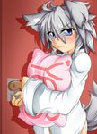  ahoge animal_ears blue_eyes blush braid dog_ears dog_tail door heart izayoi_sakuya kokujuuji pillow pillow_hug short_hair silver_hair solo sweat tail touhou twin_braids wavy_mouth yes yes-no_pillow 