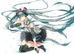  aqua_eyes aqua_hair boots detached_sleeves digital_dissolve full_body hatsune_miku headphones heterochromia highres kneeling long_hair necktie red_eyes skirt solo tears thigh_boots thighhighs twintails very_long_hair vocaloid white_background yunomachi 