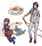  aerosmith_(stand) aircraft airplane belt bisuke black_hair bruno_buccellati choker cup headband jojo_no_kimyou_na_bouken multiple_boys narancia_ghirga purple_eyes purple_hair short_hair smoke stand_(jojo) tea teacup zipper 