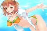  arm ass bad_id bad_pixiv_id bent_over bikini blush breasts brown_eyes brown_hair cleavage frilled_bikini frills hataraku_maou-sama! large_breasts looking_at_viewer modern_afro open_clothes open_mouth open_shirt outstretched_arm perky_breasts sasaki_chiho shiny shiny_skin shirt short_hair smile solo strap_gap swimsuit thigh_gap 