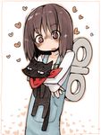  @_@ animal black_cat blush brown_hair cat heart holding holding_animal hug hug_from_behind jitome masha nichijou open_mouth overalls pink_eyes sakamoto_(nichijou) scarf shinonome_nano short_hair sweatdrop winding_key 