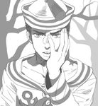  dixie_cup_hat greyscale hand_on_own_face hat higashikata_jousuke_(jojolion) inzup jojo_no_kimyou_na_bouken jojolion looking_at_viewer male_focus military_hat monochrome sailor solo 