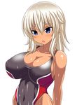 :o absurdres arms_behind_back blonde_hair blue_eyes breasts cleavage competition_swimsuit highres huge_breasts impossible_clothes impossible_swimsuit konno_tohiro long_hair one-piece_swimsuit original simple_background solo swimsuit tan wet white_background 