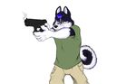  canine clothing dog gun hair heterochromia husky kalus male mammal pistol plain_background ranged_weapon solo unknown_artist weapon white_background 