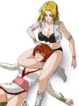  2girls a-ru_(dn1217) aqua_eyes blonde_hair blush boots breasts cleavage dead_or_alive defeated fighting humiliation kasumi kasumi_(doa) large_breasts multiple_girls ninja no_bra pain ryona submission sweat tecmo tina_armstrong unconscious wrestling wrestling_outfit 