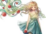  apple apple_hair_ornament blonde_hair brown_eyes dress food food_themed_hair_ornament fruit gradient_hair green_hair hachijou_asa hair_ornament long_hair looking_at_viewer multicolored_hair original simple_background solo standing very_long_hair white_background 