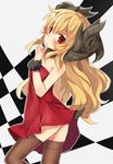  bare_shoulders blonde_hair dress horns ju-zika long_hair looking_back original red_eyes solo tail thighhighs 