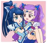  :d arms_around_neck blue_eyes blue_hair blue_shorts blush carrying couple cure_aqua eye_contact long_hair looking_at_another milk_(yes!_precure_5) milky_rose mimino_kurumi minazuki_karen multiple_girls nibatsume open_mouth pink_background ponytail precure princess_carry purple_eyes purple_hair shorts simple_background smile two_side_up wide_ponytail yes!_precure_5 yes!_precure_5_gogo! yuri 