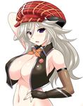  alisa_ilinichina_amiella arm_up bare_shoulders breasts cabbie_hat fingerless_gloves gloves god_eater god_eater_burst hand_on_hip hat highres huge_breasts konno_tohiro long_hair navel silver_hair simple_background solo underboob white_background 