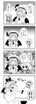  3girls 4koma :3 :x animal animal_on_head apron ascot bat_wings bow braid cat cat_on_head chibi comic crescent fourth_wall gradient gradient_background greyscale hair_ribbon hand_on_own_chin hat hat_bow highres izayoi_sakuya kicking lanlanlancho long_hair maid maid_apron maid_headdress mob_cap monochrome multiple_girls on_head patchouli_knowledge puffy_short_sleeves puffy_sleeves remilia_scarlet ribbon screentones short_hair short_sleeves touhou translated tress_ribbon twin_braids u_u wings 