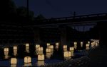  bridge dark highres lantern night no_humans obon original paper_lantern power_lines reflection river sasaki112 scenery telephone_pole transformer water 