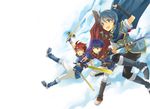  armor boots cape clouds fire_emblem ike_(fire_emblem) male marth_(fire_emblem) roy_(fire_emblem) sky sword weapon white 