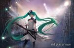  cancer_(zjcconan) dress electric_guitar floating_hair green_eyes green_hair guitar hatsune_miku highres instrument left-handed long_hair solo thighhighs twintails very_long_hair vocaloid whammy_bar 