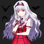  bat fingerless_gloves gloves glowing glowing_eyes grey_background hair_ornament hairband hairclip idolmaster idolmaster_(classic) long_hair my_dear_vampire pink_eyes puffy_sleeves shijou_takane shin_(world_3000) short_sleeves silver_hair smile solo 