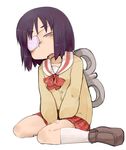  black_hair drooling eyepatch masha nichijou open_mouth purple_eyes saliva school_uniform shinonome_nano short_hair simple_background sitting skirt solo tokisadame_school_uniform v_arms wariza white_background winding_key 