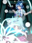  belt blue_eyes blue_hair branch breasts danmaku dress flower hair_ornament hair_rings hair_stick highres kaku_seiga medium_breasts myouga_teien ofuda open_mouth shoes smile solo taut_clothes ten_desires touhou vest 