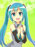  aqua_eyes aqua_hair detached_sleeves hands_clasped hatsune_miku long_hair necktie ochazuke open_mouth own_hands_together solo star twintails vocaloid 