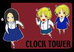  2boys :o anger_vein angry bangs black_hair blazer blonde_hair blue_eyes blush bobby_barrows brothers buttons chestnut_mouth clenched_hand clock_tower_(series) clock_tower_the_first_fear copyright_name edward_(clock_tower) english full_body jacket jennifer_simpson kneehighs long_hair long_sleeves lowres multiple_boys neck_ribbon open_mouth outline parted_bangs pleated_skirt raised_fist ribbon school_uniform shirt short_hair shorts siblings skirt suspenders sweatdrop twins v-shaped_eyebrows 