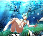  aqua_eyes aqua_hair barefoot bikini bubble eiji_(eiji) feet fish freediving hatsune_miku knees_together_feet_apart long_hair solo striped striped_bikini summer swimming swimsuit toenail_polish tropical_fish underwater vocaloid water 