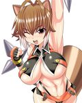  absurdres animal_ears areolae arm_up blazblue blazblue:_continuum_shift breasts brown_eyes brown_hair fingerless_gloves gloves highres huge_breasts konno_tohiro makoto_nanaya navel one_eye_closed open_mouth orange_skirt revealing_clothes short_hair simple_background skirt smile solo squirrel_ears squirrel_tail tail underboob white_background 