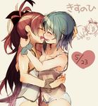  ^_^ babydoll blue_hair blue_panties chemise closed_eyes dated hair_ornament hair_ribbon hairclip kiss kiss_day long_hair mahou_shoujo_madoka_magica miki_sayaka multiple_girls nochita_shin open_mouth panties ponytail red_hair ribbon sakura_kyouko short_hair sketch smile underwear white_panties yuri 