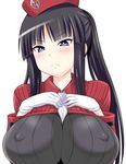  :&lt; absurdres annoyed black_hair blue_eyes blush breast_suppress breasts gloves hat highres huge_breasts konno_tohiro long_hair pout simple_background solo summon_night summon_night_5 white_background yeng-hua 