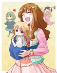  :3 abekawa baby_carrier babywearing bare_shoulders birthmark blonde_hair boots brown_hair carrying_under_arm colorful dress futaba_anzu hair_ornament heart idolmaster idolmaster_cinderella_girls jewelry jumpsuit long_hair moroboshi_kirari multiple_girls oikawa_shizuku open_mouth pantyhose pitchfork polka_dot polka_dot_background running short_hair skirt smile star star_hair_ornament sweatdrop takagaki_kaede 