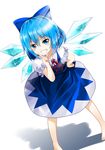  barefoot blue_eyes blue_hair bow cirno dress hair_bow hand_on_hip highres leaning_forward looking_at_viewer lzi_th open_mouth ribbon short_hair simple_background smile solo touhou wings 