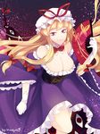  artist_name bare_shoulders blonde_hair bow breasts cleavage corset detached_collar dress fan folding_fan gap gloves hair_bow hat himaya large_breasts long_hair long_sleeves purple_eyes ribbon smile solo touhou white_gloves wide_sleeves yakumo_yukari 