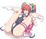 1girl blush breasts censored feet highres hu_sea no_shoes pussy socks swimsuit wince 