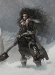  armor axe bag black_hair blood boots breasts brown_eyes demon expressionless facepaint fangs fantasy fur gloves hair_ornament horn knife kyoung_hwan_kim leather long_hair medium_breasts monster mountain original severed_head snow snowing solo throwing_knife very_long_hair weapon 