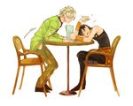  belt black_hair blonde_hair chair choker drooling headband highres jojo_no_kimyou_na_bouken multiple_boys narancia_ghirga pannacotta_fugo shiso_(nununu3) short_hair sleeping 