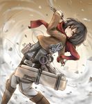  black_hair boots brown_eyes dual_wielding emblem holding mikasa_ackerman paradis_military_uniform scarf shingeki_no_kyojin short_hair solo sorara sword thigh_strap training_corps_(emblem) weapon 