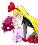  aida_mana aka_shiba blonde_hair blush casual detached_sleeves dokidoki!_precure eye_contact flipped_hair girl_on_top half_updo long_hair looking_at_another multiple_girls pantyhose pink_eyes pink_hair precure profile red_eyes regina_(dokidoki!_precure) short_hair simple_background smile straddling white_background yuri 