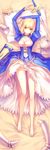  ahoge armor arms_up artoria_pendragon_(all) avalon_(fate/stay_night) bare_legs barefoot blonde_hair cleavage_cutout crown crown_removed dakimakura dress excalibur fate/stay_night fate_(series) full_body gauntlets greaves green_eyes hair_ribbon headwear_removed highres juliet_sleeves kanmuri_(hanyifan30338) long_sleeves lying on_back panties pillow puffy_sleeves ribbon saber sheath solo sword underwear weapon 