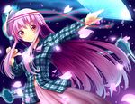  blush dx_(dekusu) expressionless face_mask fan folding_fan glowing hata_no_kokoro holding holding_fan long_hair long_sleeves looking_at_viewer mask outstretched_arm petals pink_eyes pink_hair pink_skirt plaid plaid_shirt shiny shiny_hair shirt skirt solo touhou very_long_hair 