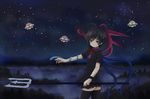  ahoge asymmetrical_wings bad_id bad_pixiv_id black_hair brown_eyes dress fog forest high_collar houjuu_nue kioa_(yamabuki-yellow) light_smile looking_at_viewer nature night outdoors outstretched_arm polearm ribbon shooting_star short_hair sky snake solo star_(sky) starry_sky thighhighs touhou trident ufo weapon wings wristband zettai_ryouiki 