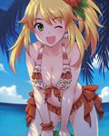  1girl annindoufu_(oicon) artist_request bare_shoulders bikini blonde_hair cloud clouds collarbone day female flower frilled_bikini frills green_eyes hair_flower hair_ornament hoshii_miki idolmaster long_hair ocean ponytail sky smile solo straight_hair swimsuit water wink 