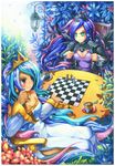  angry aqua_hair artist_name bishop_(chess) blue_hair blush board_game breasts celestia_(my_little_pony) chair checkmate chess chess_piece chessboard clenched_teeth crescent_moon crown cup dress emperpep endgame flower from_above horn king_(chess) lantern large_breasts long_hair luna_(my_little_pony) moon multicolored_hair multiple_girls my_little_pony my_little_pony_friendship_is_magic pink_hair plate playing_games queen_(chess) sitting smile spoon table tea teacup teeth two-tone_hair very_long_hair 