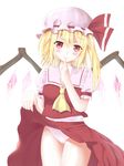  akabane_hitsugi bad_id bad_pixiv_id blonde_hair blush finger_to_mouth flandre_scarlet hat panties red_eyes side_ponytail skirt skirt_lift solo touhou underwear wings 