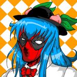  blue_hair cosplay deadpool food fruit hat hinanawi_tenshi hinanawi_tenshi_(cosplay) leaf long_hair male_focus marvel mask motazaemon peach ribbon shirt simple_background solo touhou 