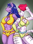  anthro big_breasts black_nose blue_eyes blue_hair breasts canine cleavage clothed clothing dirty_pair duo elbow_gloves feline female fox gloves grey_skin hair kei_(dirty_pair) long_hair looking_at_viewer lovely_angels mammal nightfaux purple_eyes purple_skin red_hair smile standing stripes thick_thighs thighs tiger white_skin yuri_(dirty_pair) 