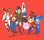  5boys arm_cannon black_eyes black_hair blonde_hair blue_eyes bracer clothes_writing doubutsu_no_mori gloves hat helmet kid_icarus kirby kirby_(series) link mario mario_(series) multiple_boys nikayu overalls pit_(kid_icarus) pointy_ears pot rockman rockman_(character) super_mario_bros. super_smash_bros. translated villager_(doubutsu_no_mori) weapon wii_fit wii_fit_trainer wings yoga 