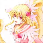  :d aida_mana bad_id bad_pixiv_id bare_shoulders blonde_hair cure_heart dokidoki!_precure earrings hair_ornament half_updo hallucino1121 heart heart_hair_ornament jewelry long_hair open_mouth pink_eyes pink_sleeves ponytail precure simple_background smile solo upper_body white_background 
