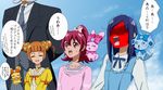  3girls :d aida_mana arms_behind_back blue_hair blue_sky blush bow closed_eyes day dokidoki!_precure double_bun full-face_blush half_updo head_out_of_frame hishikawa_rikka long_hair moritakusan multiple_girls open_mouth orange_hair pink_bow pink_eyes pink_hair precure rakeru_(dokidoki!_precure) rance_(dokidoki!_precure) sebastian_(dokidoki!_precure) shaded_face sharuru_(dokidoki!_precure) short_hair sky smile sweatdrop translation_request yotsuba_alice 