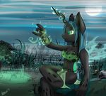  anthro anthrofied breasts changeling cleavage clothed clothing cool_colors female friendship_is_magic green_eyes green_hair hair horn my_little_pony night outside queen_chrysalis_(mlp) silhouette sitting sky solo venauva wings 
