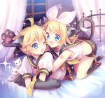  1girl ahoge all_fours animal_ears bed bed_sheet blonde_hair blue_eyes brother_and_sister cat cat_ears claws curtains fang hair_ornament hair_ribbon hairclip hug hug_from_behind indoors kagamine_len kagamine_rin kemonomimi_mode lying masaru.jp necktie on_stomach one_eye_closed paws ribbon sailor_collar short_hair shorts siblings tail twins vocaloid white_cat window yellow_neckwear 