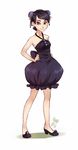  1girl bare_arms bare_legs bare_shoulders black_dress black_hair blueberry bun_cover double_bun dress food food_themed_clothes fruit full_body hands_on_hips meago original personification purple_eyes rough shoes signature smile solo white_background 