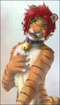  anthro bathroom bell black_fur black_lips claws collar cute detailed feline fur green_eyes hair hand_on_chest inside joshua looking_at_viewer male mammal multicolor_fur nude orange_fur paws pink_nose pinup pose red_hair seductive short_hair smile solo standing stripes teeth tiger tongue two_tone_fur whiskers white_fur zen 